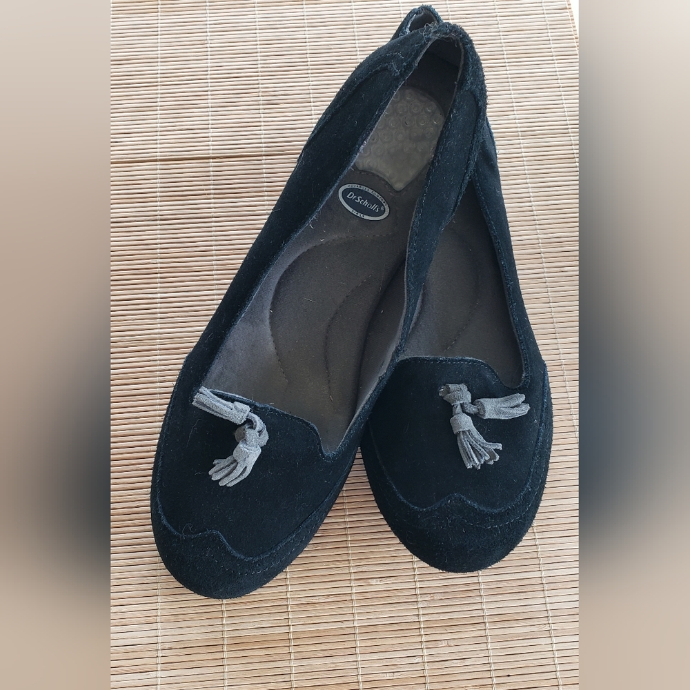 Black suede Dr Scholls tassel loafers